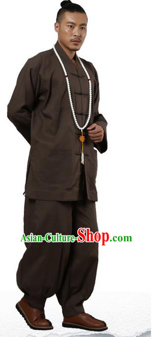 Traditional Chinese Kung Fu Costume Martial Arts Linen Plated Buttons Coffee Suits Pulian Clothing, China Tang Suit Uniforms Tai Chi Monk Meditation Clothing for Men