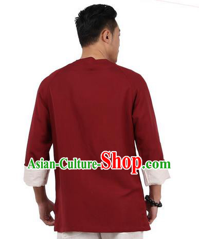 Traditional Chinese Kung Fu Costume Martial Arts Linen Plated Buttons Wine Red Shirts Pulian Clothing, China Tang Suit Jacket Tai Chi Meditation Upper Outer Garment for Men