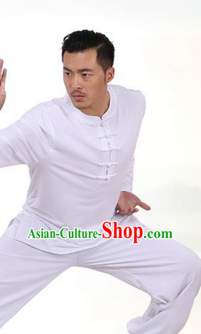 Traditional Chinese Kung Fu Costume Martial Arts Linen Plated Buttons White Suits Pulian Meditation Clothing, China Tang Suit Uniforms Tai Chi Clothing for Men