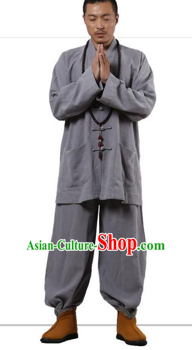 Traditional Chinese Kung Fu Costume Martial Arts Ramie Long Sleeve Light Grey Plated Buttons Uniforms Pulian Clothing, China Tang Suit Tai Chi Meditation Clothing for Men