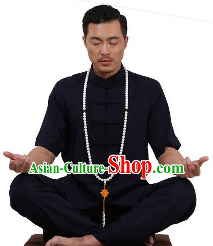 Traditional Chinese Kung Fu Costume Martial Arts Linen Plated Buttons Short Sleeve Navy Uniforms Pulian Clothing, China Tang Suit Tai Chi Meditation Clothing for Men