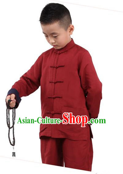 Traditional Chinese Kung Fu Costume, Children Martial Arts Linen Long Sleeve Suits Pulian Clothing, China Tang Suit Tai Chi Meditation Red Uniforms for Kids
