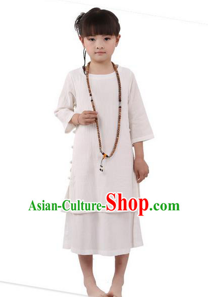 Traditional Chinese Cheongsam Costume, Children Meditation Linen Dress Pulian Clothing, China Tang Suit Tai Chi Zen Beige Dress for Kids