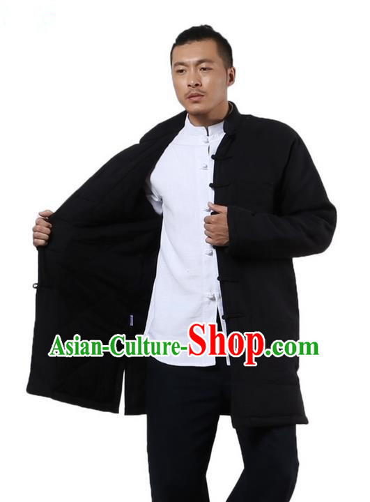 Traditional Chinese Kung Fu Costume Martial Arts Linen Plated Buttons Cotton-padded Coats Pulian Clothing, China Tang Suit Dark Blue Jacket Tai Chi Meditation Upper Outer Garment for Men