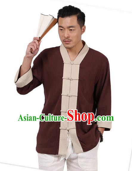 Traditional Chinese Kung Fu Costume Martial Arts Linen Plated Buttons Shirts Pulian Clothing, China Tang Suit Tai Chi Overshirt Coffee Upper Outer Garment for Men