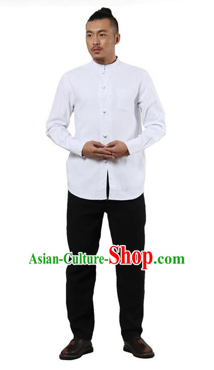 Traditional Chinese Kung Fu Costume Martial Arts Linen Plated Buttons Shirts Pulian Clothing, China Tang Suit Tai Chi Stand Collar Overshirt White Upper Outer Garment for Men