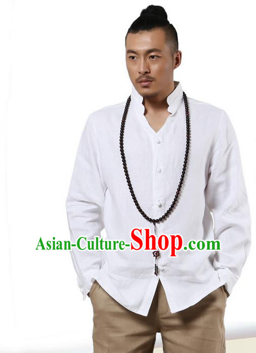 Traditional Chinese Kung Fu Costume Martial Arts Linen Stand Collar Shirts Pulian Clothing, China Tang Suit Tai Chi Overshirt White Upper Outer Garment for Men