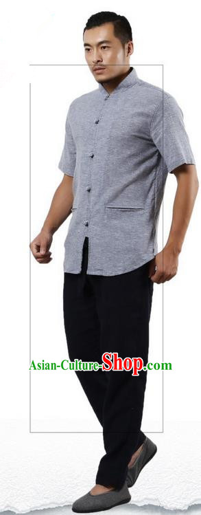 Traditional Chinese Kung Fu Costume Martial Arts Linen Short Sleeve Shirts Pulian Clothing, China Tang Suit Tai Chi Plated Buttons Overshirt Blue Upper Outer Garment for Men