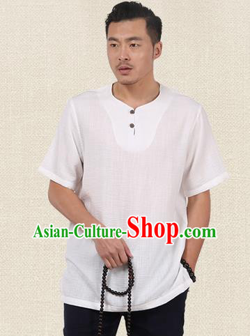 Traditional Chinese Kung Fu Costume Martial Arts Linen Short Sleeve T-Shirts Pulian Clothing, China Tang Suit Tai Chi Overshirt White Upper Outer Garment for Men