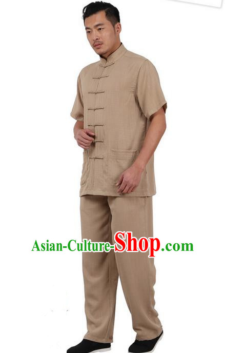 Traditional Chinese Kung Fu Costume Martial Arts Linen Plated Buttons Short Sleeve Khaki Uniforms Pulian Clothing, China Tang Suit Tai Chi Meditation Clothing for Men