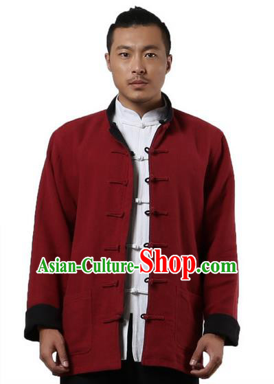 Traditional Chinese Kung Fu Costume Martial Arts Linen Double Side Coats Pulian Clothing, China Tang Suit Tai Chi Overcoat Red and Black Jackets for Men