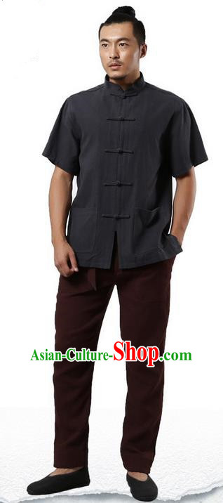 Traditional Chinese Kung Fu Costume Martial Arts Linen Short Sleeve Shirts Pulian Clothing, China Tang Suit Tai Chi Upper Outer Garment Deep Grey Overshirt for Men