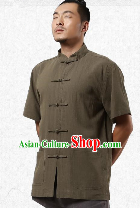 Traditional Chinese Kung Fu Costume Martial Arts Linen Short Sleeve Shirts Pulian Clothing, China Tang Suit Tai Chi Upper Outer Garment Army Green Overshirt for Men