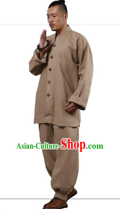 Traditional Chinese Kung Fu Costume Martial Arts Linen Long Sleeve Khaki Monk Uniforms Pulian Clothing, China Tang Suit Tai Chi Meditation Clothing for Men