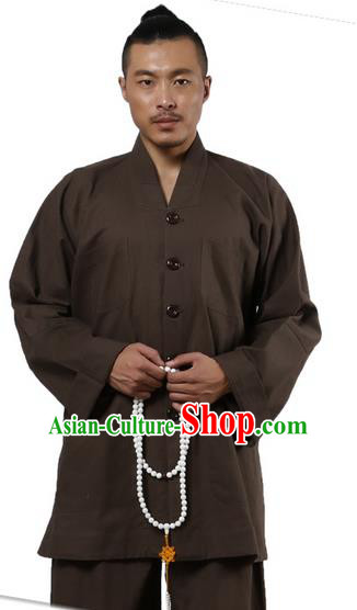 Traditional Chinese Kung Fu Costume Martial Arts Linen Long Sleeve Brown Monk Uniforms Pulian Clothing, China Tang Suit Tai Chi Meditation Clothing for Men