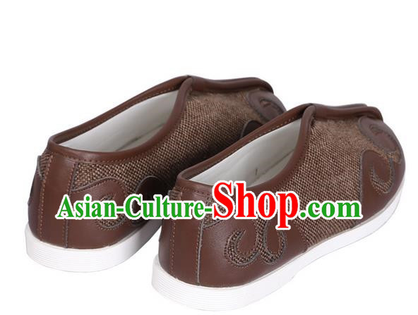 Top Chinese Traditional Tai Chi Brown Linen Shoes Kung Fu Pulian Shoes Martial Arts Shoes for Men