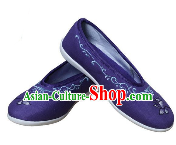 Top Chinese Traditional Tai Chi Embroidered Lotus Linen Shoes Kung Fu Pulian Shoes Martial Arts Purple Shoes for Women