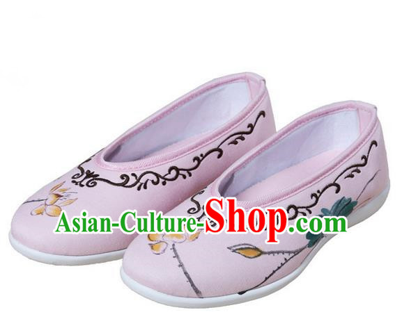 Top Chinese Traditional Tai Chi Embroidered Lotus Linen Shoes Kung Fu Pulian Shoes Martial Arts Pink Shoes for Women