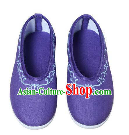 Top Chinese Traditional Tai Chi Embroidered Linen Shoes Kung Fu Pulian Shoes Martial Arts Purple Shoes for Women