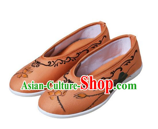 Top Chinese Traditional Tai Chi Embroidered Lotus Linen Shoes Kung Fu Pulian Shoes Martial Arts Orange Shoes for Women