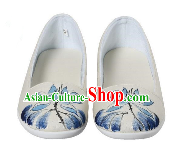 Top Chinese Traditional Tai Chi Hand Painting Lotus Linen Shoes Kung Fu Pulian Shoes Martial Arts Beige Shoes for Women