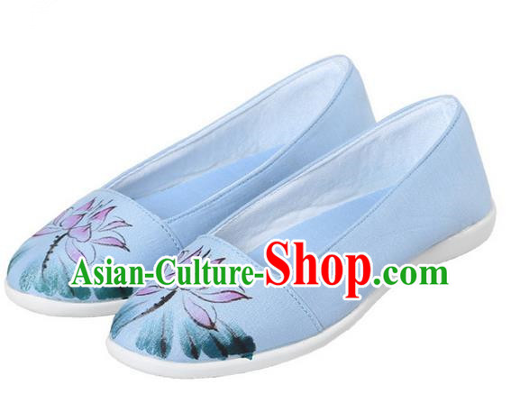 Top Chinese Traditional Tai Chi Hand Painting Lotus Linen Shoes Kung Fu Pulian Shoes Martial Arts Blue Shoes for Women