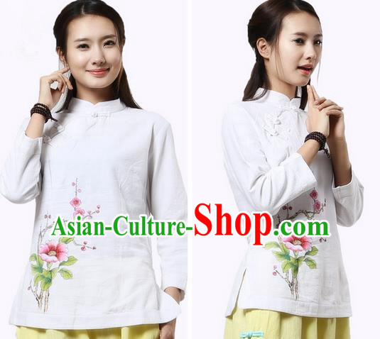 Top Chinese Traditional Costume Tang Suit White Blouse, Pulian Clothing China Cheongsam Upper Outer Garment Painting Trumpet Flower Plated Buttons Shirts for Women