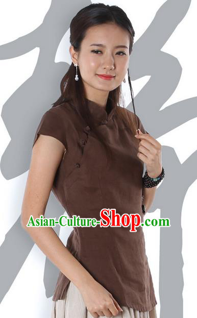 Top Chinese Traditional Costume Tang Suit Coffee Blouse, Pulian Zen Clothing China Cheongsam Upper Outer Garment Stand Collar Shirts for Women