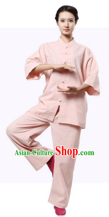 Top Grade Kung Fu Costume Martial Arts Pink Suits Pulian Zen Clothing, Training Costume Tai Ji Uniforms Gongfu Shaolin Wushu Tai Chi Plated Buttons Clothing for Women