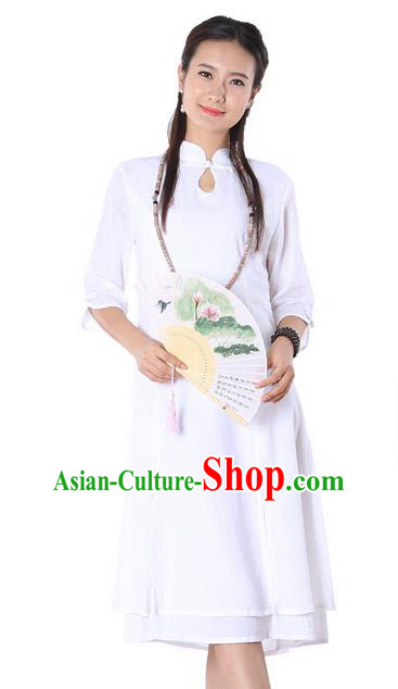 Top Chinese Traditional Costume Tang Suit Linen White Qipao Dress, Pulian Clothing China Cheongsam Upper Outer Garment Dress for Women