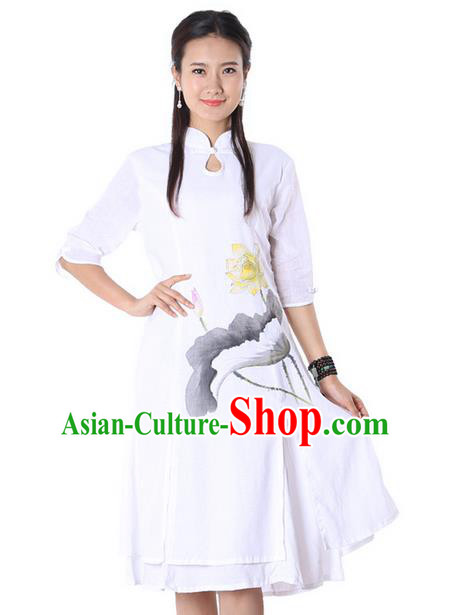 Top Chinese Traditional Costume Tang Suit Linen White Painting Lotus Qipao Dress, Pulian Clothing China Cheongsam Upper Outer Garment Dress for Women