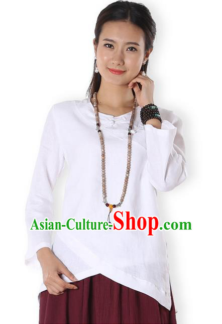 Top Chinese Traditional Costume Tang Suit White Blouse, Pulian Zen Clothing China Cheongsam Upper Outer Garment Plated Buttons Shirts for Women