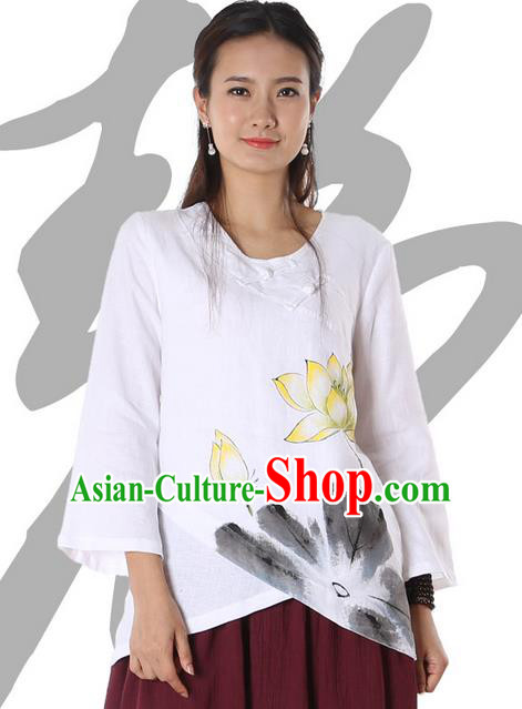Top Chinese Traditional Costume Tang Suit White Painting Lotus Blouse, Pulian Zen Clothing China Cheongsam Upper Outer Garment Plated Buttons Shirts for Women