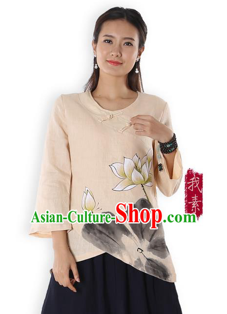 Top Chinese Traditional Costume Tang Suit Beige Painting Lotus Blouse, Pulian Zen Clothing China Cheongsam Upper Outer Garment Plated Buttons Shirts for Women