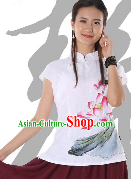 Top Chinese Traditional Costume Tang Suit White Linen Painting Lotus Blouse, Pulian Zen Clothing China Cheongsam Upper Outer Garment Stand Collar Shirts for Women