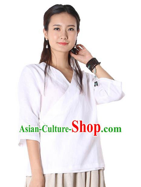 Top Chinese Traditional Costume Tang Suit White Blouse, Pulian Zen Clothing China Cheongsam Upper Outer Garment Slant Opening Shirts for Women