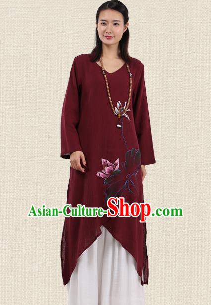 Top Chinese Traditional Costume Tang Suit Wine Red Linen Painting Lotus Qipao Dress, Pulian Meditation Clothing China Cheongsam Upper Outer Garment Dress for Women