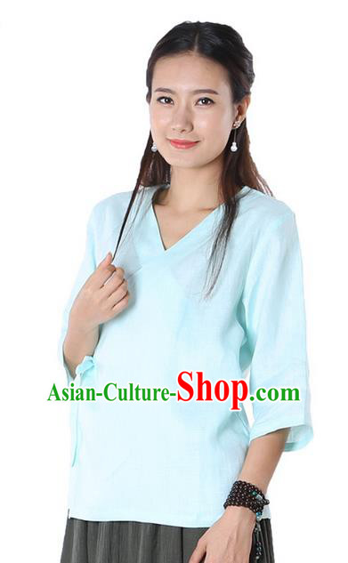 Top Chinese Traditional Costume Tang Suit Blue Blouse, Pulian Zen Clothing China Cheongsam Upper Outer Garment Slant Opening Shirts for Women