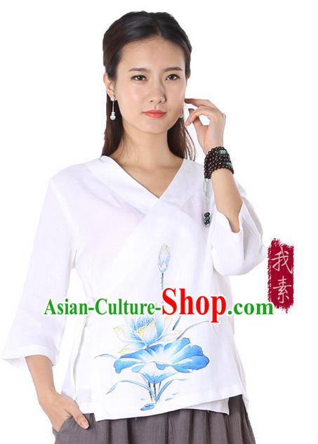 Top Chinese Traditional Costume Tang Suit White Painting Blue Lotus Blouse, Pulian Zen Clothing China Cheongsam Upper Outer Garment Slant Opening Shirts for Women