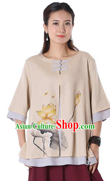 Top Chinese Traditional Costume Tang Suit Double-deck Khaki Ink Painting Lotus Blouse, Pulian Zen Clothing China Cheongsam Upper Outer Garment Plated Buttons Shirts for Women