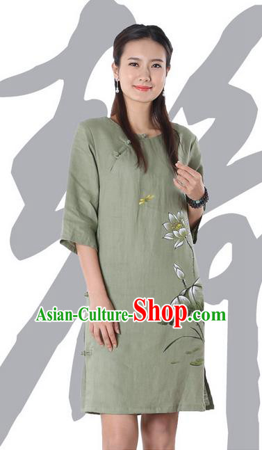 Top Chinese Traditional Costume Tang Suit Green Linen Qipao Painting Lotus Yoga Dress, Pulian Clothing Republic of China Cheongsam Upper Outer Garment Dress for Women