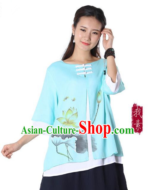 Top Chinese Traditional Costume Tang Suit Double-deck Blue Ink Painting Lotus Blouse, Pulian Zen Clothing China Cheongsam Upper Outer Garment Plated Buttons Shirts for Women