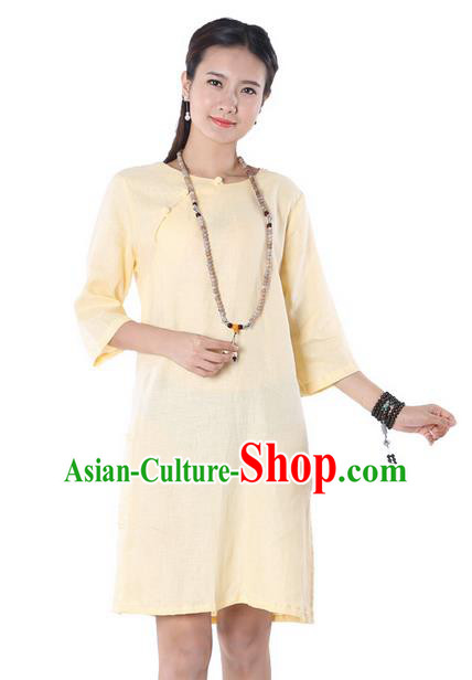 Top Chinese Traditional Costume Tang Suit Yellow Linen Qipao Yoga Dress, Pulian Clothing Republic of China Cheongsam Upper Outer Garment Dress for Women