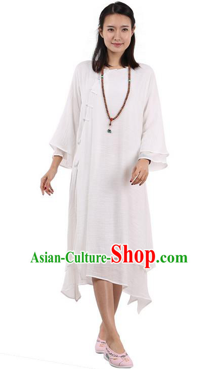 Top Chinese Traditional Costume Tang Suit White Plated Buttons Qipao Dress, Pulian Clothing Republic of China Cheongsam Dress for Women