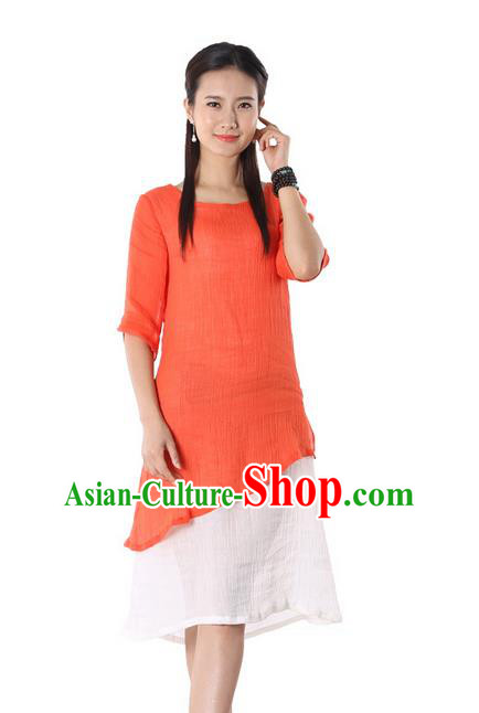 Top Chinese Traditional Costume Tang Suit Orange Blouse, Pulian Zen Clothing China Cheongsam Dress Upper Outer Garment Shirts for Women