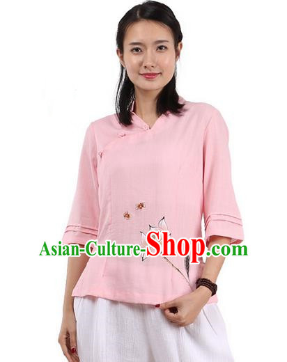 Top Chinese Traditional Costume Tang Suit Pink Painting Lotus Blouse, Pulian Zen Clothing China Cheongsam Upper Outer Garment Slant Opening Shirts for Women