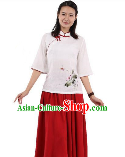 Top Chinese Traditional Costume Tang Suit White Red Edge Painting Lotus Blouse, Pulian Zen Clothing China Cheongsam Upper Outer Garment Slant Opening Shirts for Women