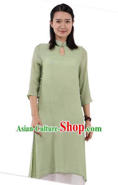 Top Chinese Traditional Costume Tang Suit Linen Double-deck Qipao Dress, Pulian Zen Clothing Republic of China Cheongsam Upper Outer Garment Green Dress for Women