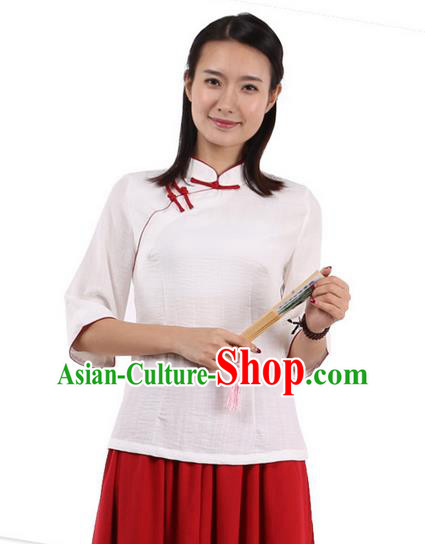 Top Chinese Traditional Costume Tang Suit Red Edge Blouse, Pulian Zen Clothing China Cheongsam Upper Outer Garment Slant Opening Shirts for Women