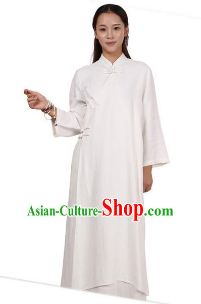 Top Chinese Traditional Costume Tang Suit Linen Qipao Pattern White Dress, Pulian Clothing Republic of China Cheongsam Upper Outer Garment Dress for Women